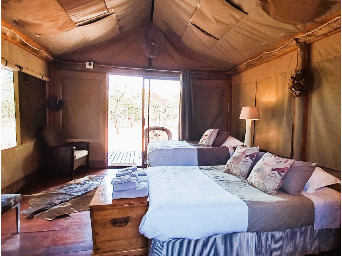 Luxury Safari Tent colonial-style interior with queen and single bed with outside view