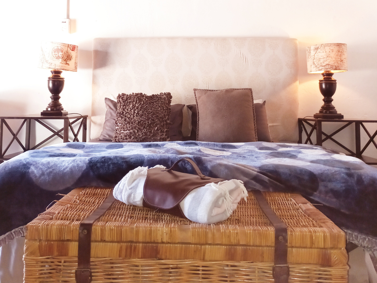 Pool Room bedroom with farm style queen bed